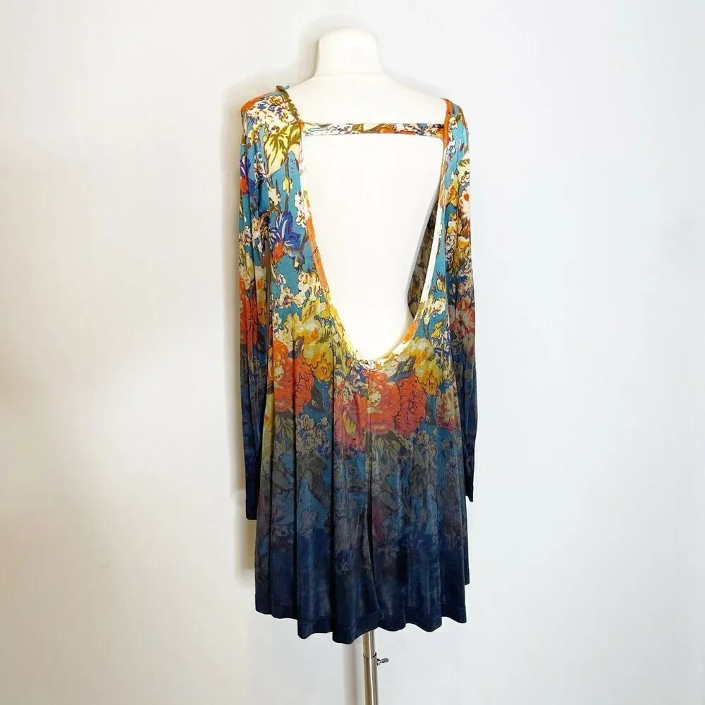 Free People XS Annette‎ Floral Tunic Mini Dress Boho Ombre Flowy Rayon Stretch